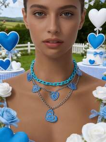 1pc Multi-Layer Heart Print Necklace, Rose Red - Blue - View 8