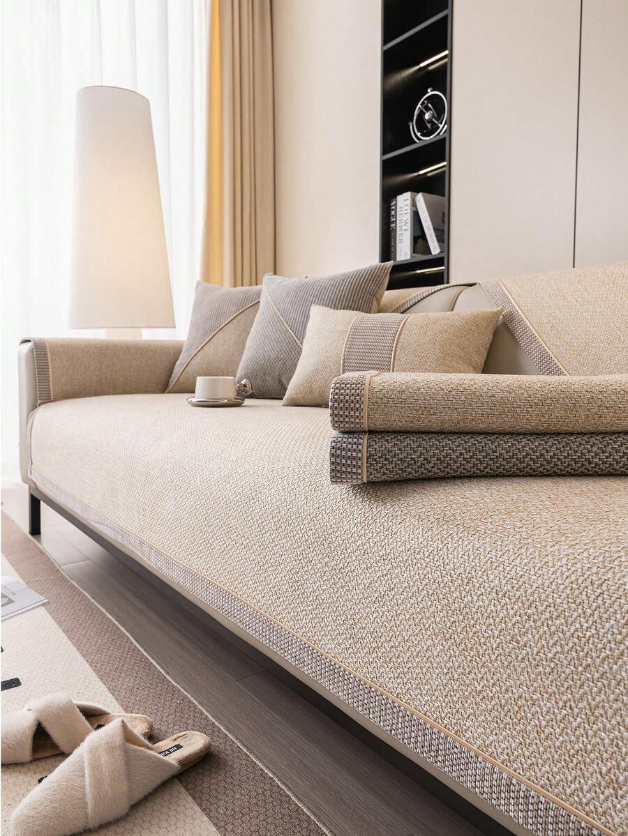 1pc Linen-Like Sofa Cushion Cover, High Grammage, Thick , Modern Minimalist Style. Machine Washable, Pet-Friendly, Non-Slip Particles. Suitable For Living Room, Bedroom, Office Multi-Purpose Sofa Pad - Khaki - View 1