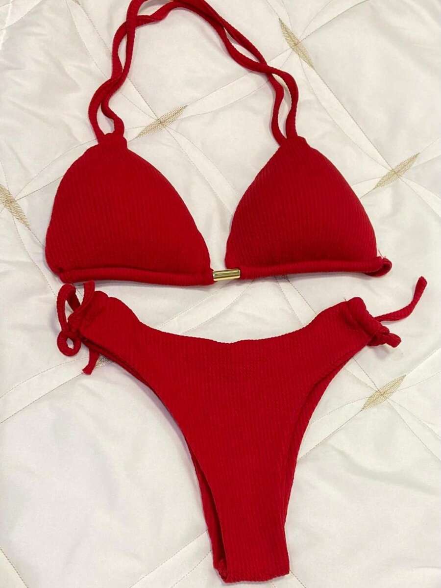 Ribbed Triangle Bikini Bottom, Double String Bikini Bottom, Semi-Thong - Rojo - Ver 1