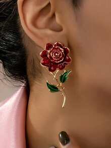 一对时尚珐琅玫瑰花装饰耳钉，适合女士参加派对、聚会、宴会等场合，是百搭的礼物之选。 - 紅色 - 查看 1