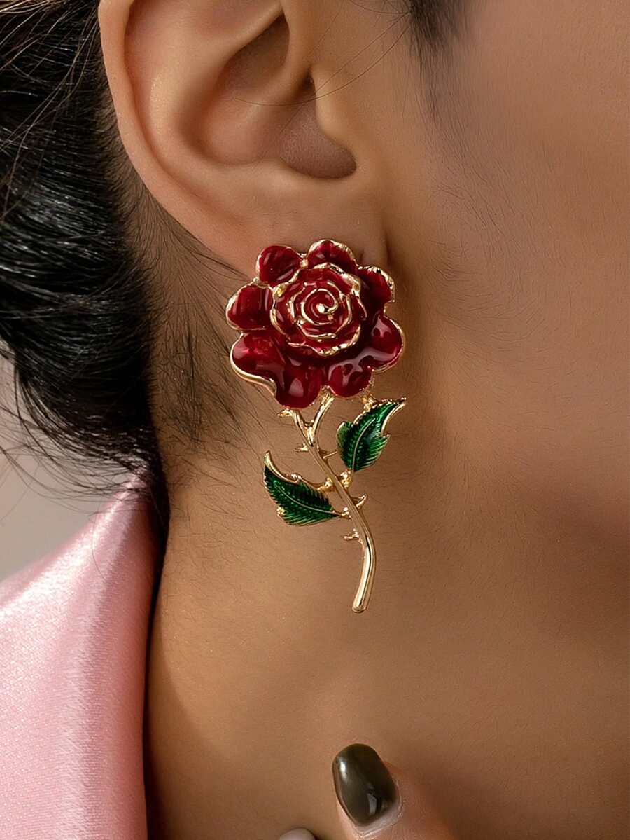 一对时尚珐琅玫瑰花装饰耳钉，适合女士参加派对、聚会、宴会等场合，是百搭的礼物之选。 - 紅色 - 查看 1