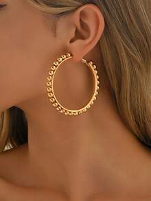 1 Pair Bohemian Style Metal Beaded Hoop Earrings, Geometric Circle Earrings For Women, Elegant Accessory For Holiday, Beach - Gold - View 4