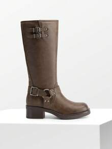 Women's Motorcycle Boots Side Zipper Knee High Boots Square Toe Chunky Low Heel Buckle Decorated Biker Fashion Long Boots Festival Dresses - 棕色 - 查看 8
