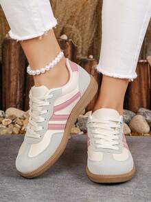 LUCKY STEP Women's Flat Fashion Sneakers, Retro Classic Lace-Up, Stylish Leather & Mesh, Tennis/Running/Walking Shoes - Pink - View 3