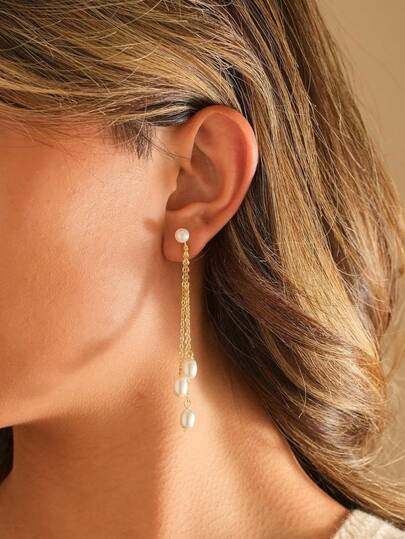 1 Pair Pearl Earrings-14K Gold Plated Dainty Pearl Drop Simple Wedding CZ Dangle Dangling Cute Stud Earrings For Brides Earrings For Women Gifts