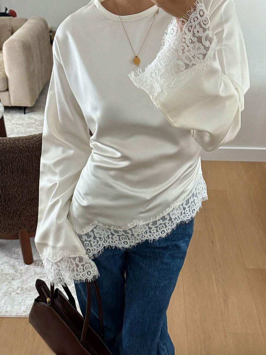 Áo kiểu nữ thanh lịch bằng vải satin, cổ tròn, tay dài, thắt eo, phối ren, chất liệu vải dệt trơn, phối ren bất đối xứng, thích hợp cho công sở, thường ngày, hẹn hò, mùa xuân/hè, màu trắng.