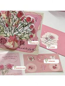 优雅粉色玫瑰3D立体贺卡，花卉设计——母亲节、生日、婚礼、周年纪念日的完美之选——送给妈妈、奶奶、妻子或植物爱好者的理想礼物 - 彩色 - 查看 10