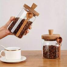 1 Set Transparent Glass Jars With Wooden Lids And Spoons - Household Storage Containers Suitable For Coffee Beans, Dried Fruits And Snacks. Suitable For Coffee Beans, Tea Leaves, Nuts, Sugar And Salt. Decorative Kitchen Food Storage Jars - Practical Home And Kitchen Decor - Multicolor - View 5