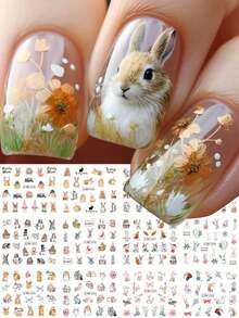 12 miếng dán móng tay hình thỏ hoạt hình dễ thương, hoa, cà rốt, lá cây, dùng để trang trí móng tay theo phong cách nghệ thuật chuyển nước (không có keo dính) - Nhiều màu - Xem 2