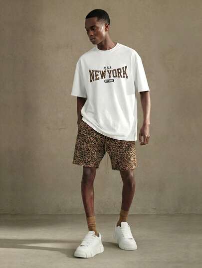 Conjunto de pantalón corto y camiseta de manga corta con estampado de leopardo vintage, conjunto informal retro de 2 piezas para hombre