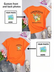 Customized Women's T-Shirt - Add Your Photo (Landscape/Badge/Couple/Family/Selfie/Pet), Double-Sided Printing, Suitable For Summer Travel, Girlfriend Gift, Women's T-Shirt, Customized Women's Top - Orange - View 1