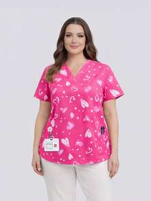cimmuovere Plus Size Women's V-Neck Loose Short Sleeve Cute Heart Print Dual Pocket Scrubs Nurse Scrubs Workwear Dentist Healthcare Pet Hospital Laboratory Top Pink Spring - Pink - View 3