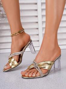 女士金色粗跟凉鞋，饰有仿钻，透明鞋跟交叉绑带设计，时尚高跟凉鞋，轻便舒适，感恩节特惠，适合圣诞派对、婚礼、日常穿着 - 金色 - 查看 5