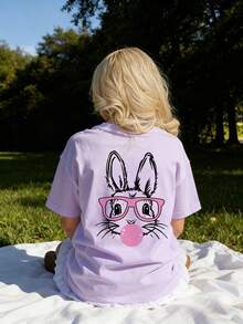 1 pieza Camiseta de manga corta con estampado de conejo soplando burbujas para niñas, nueva camiseta de verano suave y casual de cuello redondo, cómoda y transpirable para uso diario y vacaciones - Morado - Ver 3