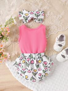 2pcs/Set Cute & Sweet Baby Girls Pink Romper + Printed Shorts Set, Spring/Summer - Hot Pink - View 2