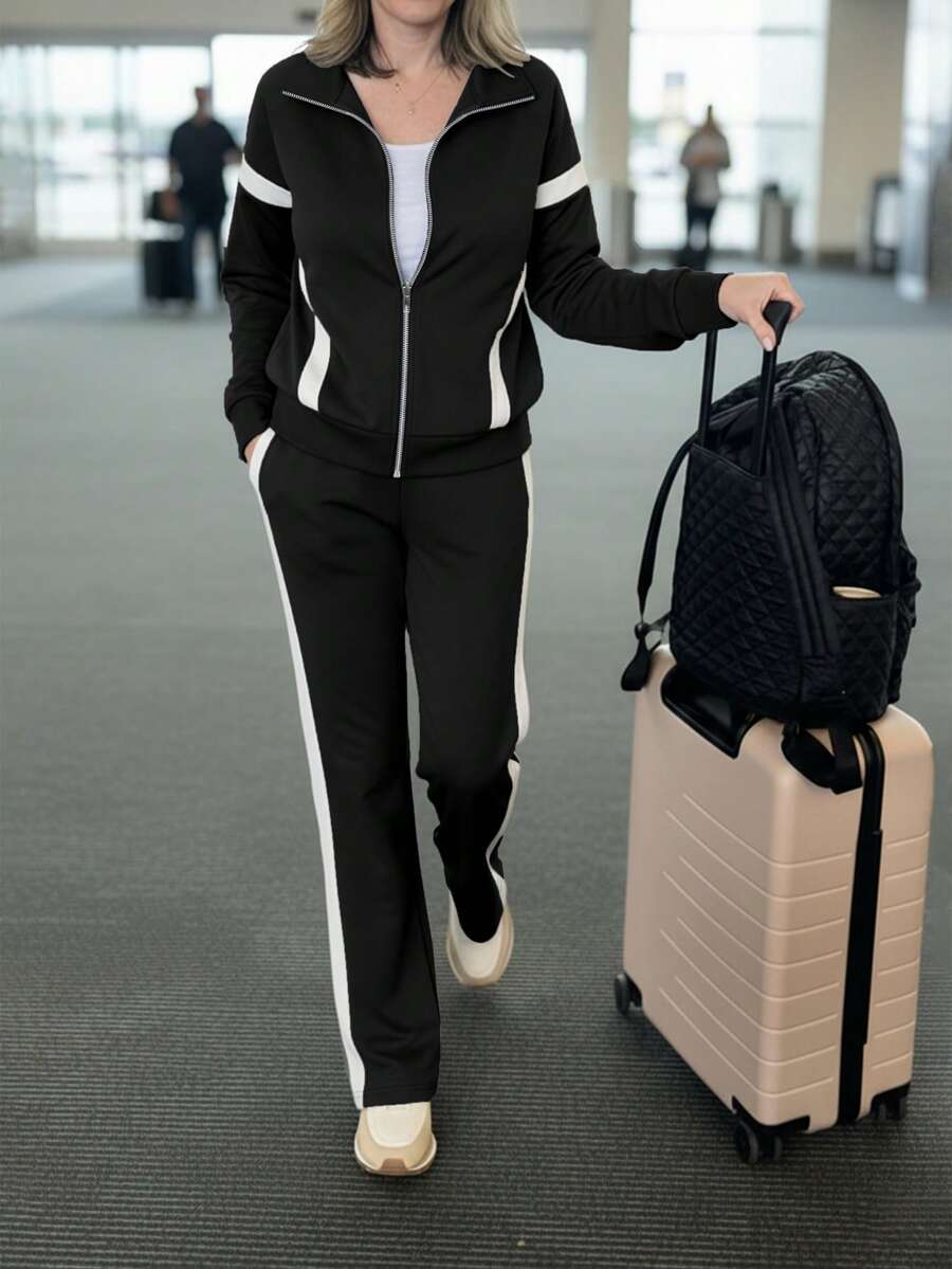 Bộ đồ công sở nữ thường ngày, thoải mái, rộng rãi, phối màu tương phản gồm áo khoác dài tay và quần ống đứng kẻ sọc tương phản, 2 món, màu đen, thích hợp cho mùa xuân. - màu đen - Xem 1