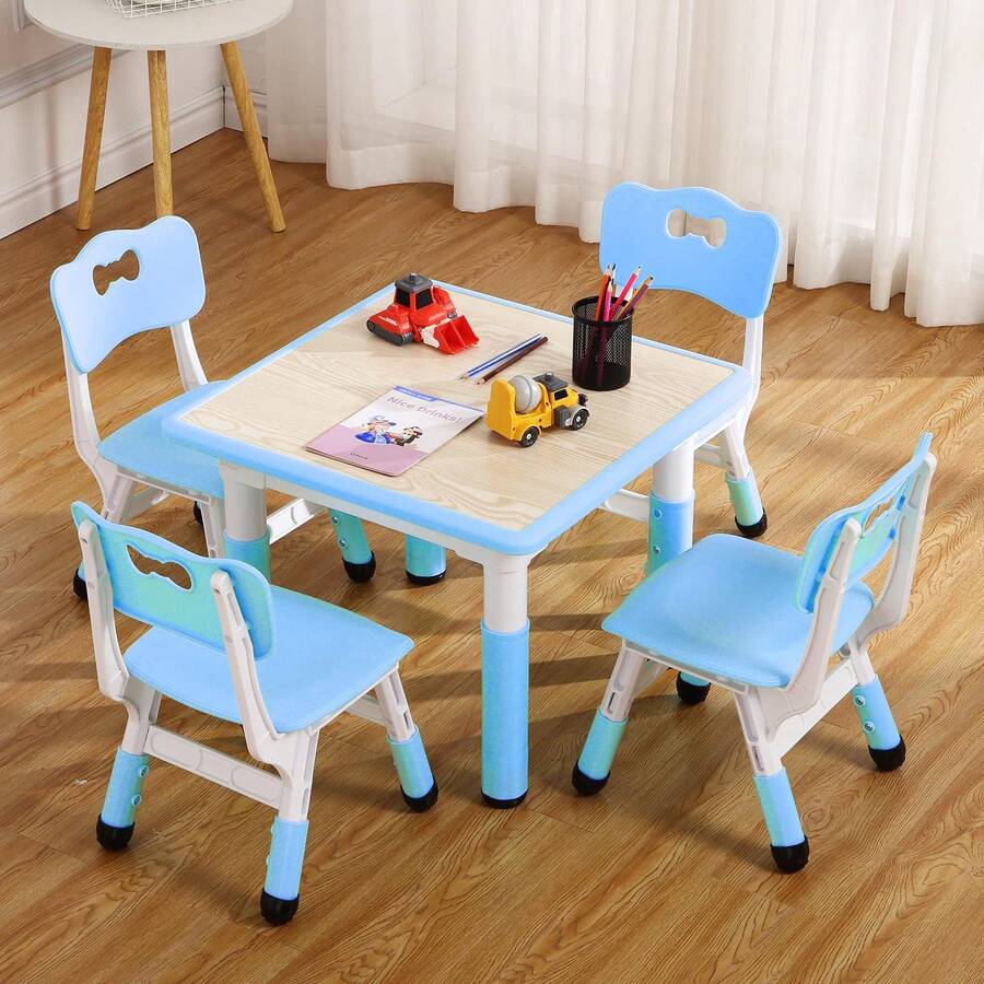 Conjunto moderno de mesas y 4 sillas para niños, 58 cm, altura regulable, 4 sillas con patas de escritorio antideslizantes y organizador, escritorio graffiti, mesas multifuncionales para guardería - Azul menta - Ver 1