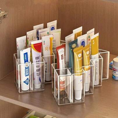 1Pc Transparent Plastic Medicine & Ointment Organizer Box With Multi-Compartment Storage - Cabinet Shelf, Tube Holder For Creams