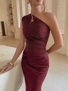 女士优雅纯色褶皱露背缎面拼接长裙，非常适合外出、派对、鸡尾酒会、婚礼宾客、度假、圣诞节、新年夜和其他场合。 - 酒紅色 - 查看 6