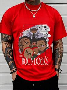 Men's "The Boondocks" Cartoon Graphic T-Shirt, Comfortable Casual Short Sleeve, Suitable For All Seasons, 220 Grams Heavyweight Cotton Printed T-Shirt - 紅色 - 查看 1