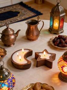 1pc Wooden Dough Bowl With Eid Moon And Candle, Eid Mubarak Plate With Scented Candle, Holiday Decor, Holiday Candle, Birthday Gift, Souvenir And Small Gift, Suitable For Ramadan, Christmas, Mother's Day, Eid Al-Adha, Saudi National Day, Tabletop Decor And Home Decor, Photography Props Decor And Surprise Gift - Multicolor - View 6