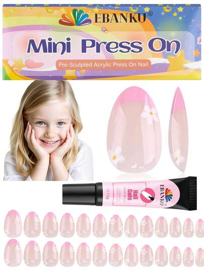 EBANKU 26pcs Press-On Nail Art Stickers For Kids, Floral French Manicure Nail Stickers For Girls Aged 8-12, DIY Home Nail Salon