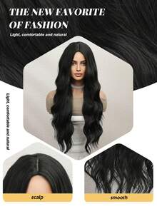 [Đáng tin cậy] Tóc giả xoăn gợn sóng màu đen thanh lịch dài 26 inch, được làm từ sợi tổng hợp chịu nhiệt, tự nhiên và chân thực, phù hợp cho cosplay, tiệc tùng, Halloween và trang điểm hàng ngày. - màu đen - Xem 11