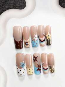 10片/套趣味学院风多边形凝胶美甲套装，亚克力压制甲片，手绘蓝、白、酒红五角星图案，饰以闪亮银色水钻，浅棕色圆点，白色、黄色、蓝色、粉色、银色指甲油，女士和女孩的理想礼物，附赠美甲工具，手工压制甲片 - 彩色 - 查看 17