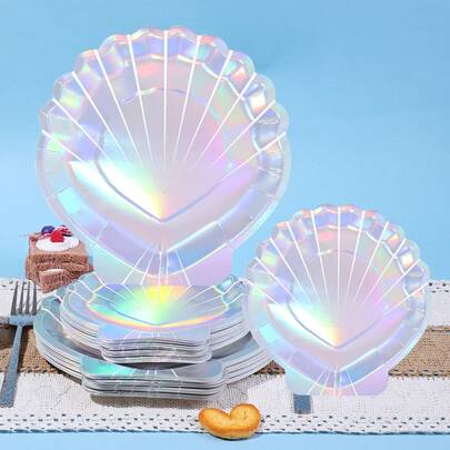 10pcs/20pcs/40pcs/50pcs Holographic Mermaid Shell Shaped 7-Inch And 9-Inch Disposable Rainbow Paper Plates, Rainbow Paper Plates, Mermaid Theme Party Supplies, Suitable For Summer Birthday Party, Baby Shower Party And Wedding Party