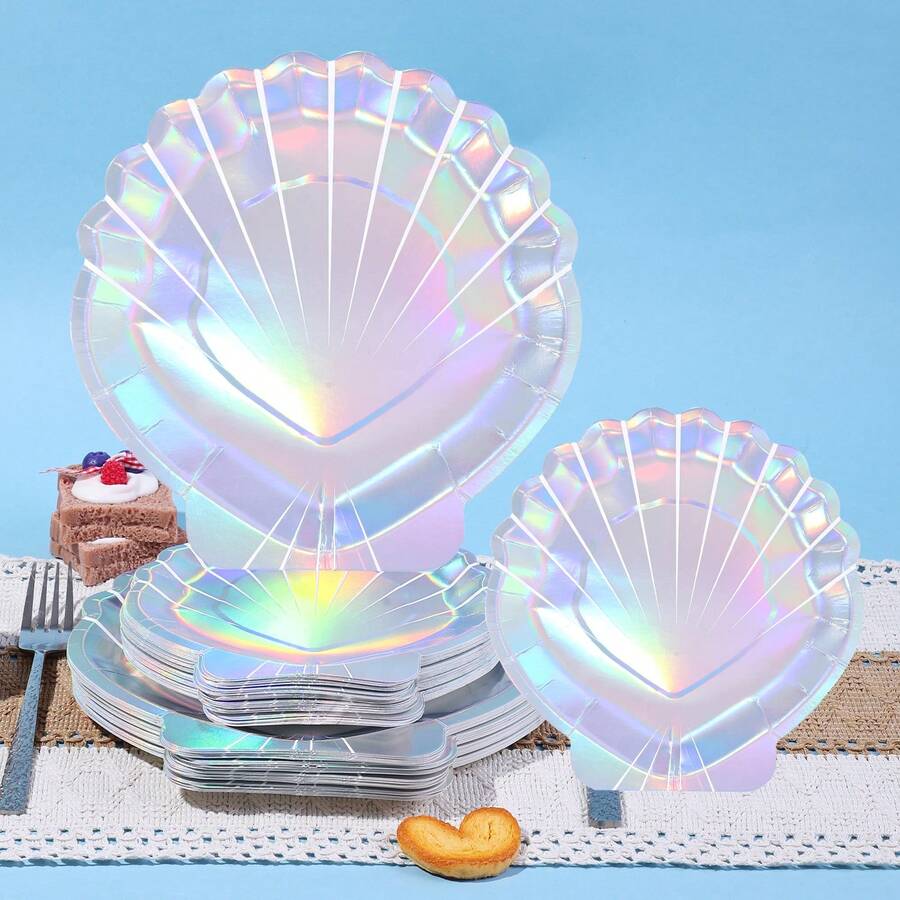 Bộ 10/20/40/50 chiếc đĩa giấy dùng một lần hình vỏ sò nàng tiên cá hologram kích thước 7 inch và 9 inch, đĩa giấy cầu vồng, đồ dùng tiệc chủ đề nàng tiên cá, lý tưởng cho các bữa tiệc sinh nhật mùa hè, tiệc cô dâu và tiệc cưới. - Nhiều màu - Xem 1