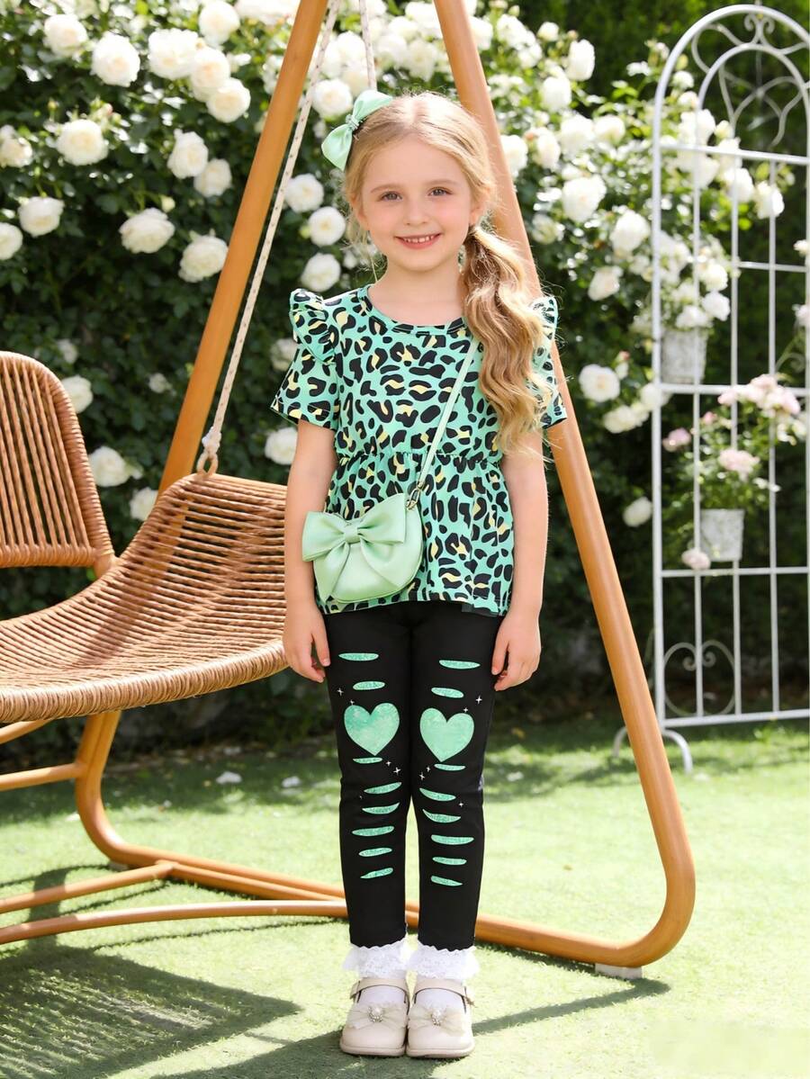女童夏季两件套套装，荷叶边袖印花上衣搭配心形印花紧身裤，时尚休闲套装 - 彩色 - 查看 1