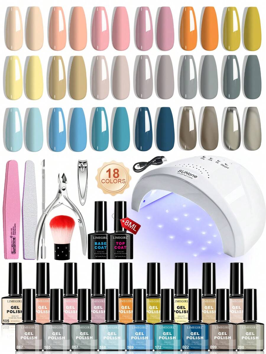 Juego de 27 piezas de esmalte de uñas en gel LIMEGIRL, incluye lámpara de uñas, juego de esmalte de uñas en gel semi-permanente con base y top coat, colores vibrantes, set de regalo de cuidado de uñas para mujeres - Multicolor - Ver 1