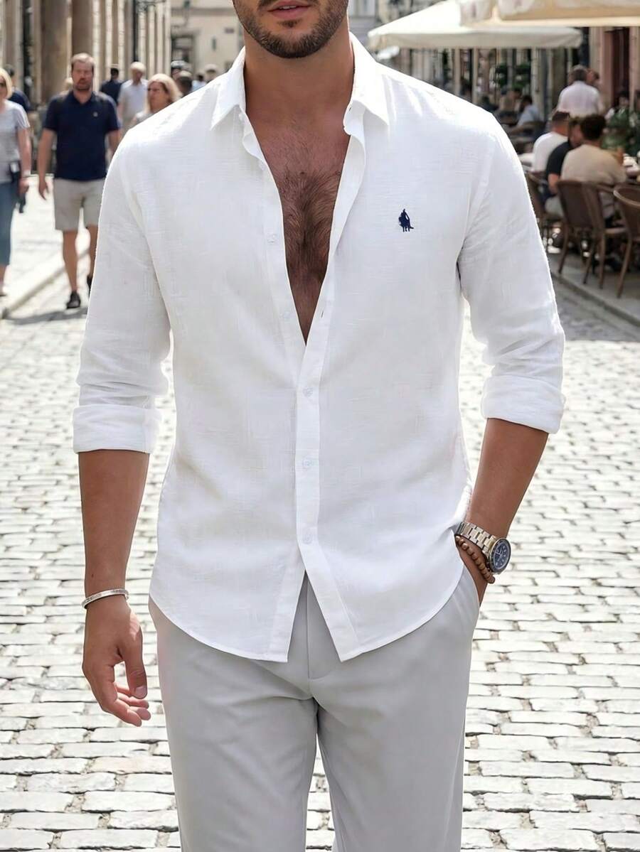 LOOKUN Men's Spring/Summer Shirt, New Cotton Long Sleeve Embroidered Casual Shirt, Navy Blue - White - View 1