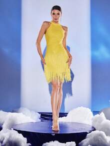 优雅黄色无袖亮片流苏拼接露背派对连衣裙 - 黃色 - 查看 4