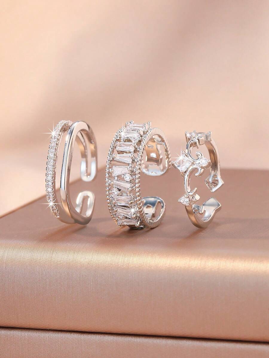 3pcs/Set Open Design Fashion Cubic Zirconia Butterfly, Heart & Line Pattern Ring Set, Geometric Rings Suitable For Women's Daily, Festival, Party Wear Or Gift