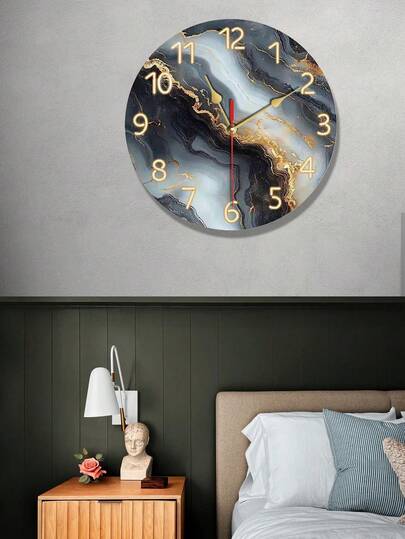 Elegant Blue & Gold Marble Pattern Silent Wooden Wall Clock - Japanese Quartz Movement - Ideal For Living Room And Office Decor, Premium Gift Choice (Batteries Not Included), Living Room Decor | Marble Pattern Wall Clock | Gold Pointer Details, Living Room Wall Clock