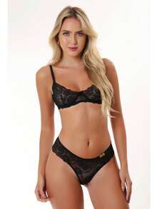 Sexy Lace Lingerie Set, Demi-Cup Bra With Underwire. - Đen - Xem 1