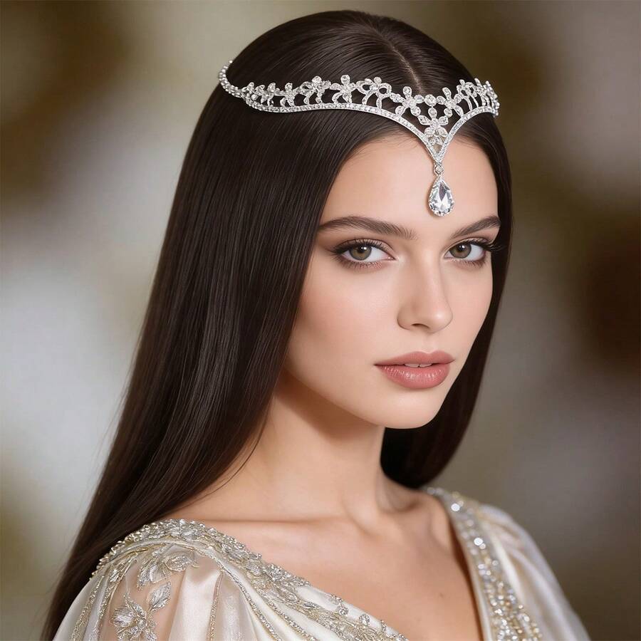Elegant Water Drop Pendant Crown Bridal Wedding Crown Party Banquet Headpiece - Silver - View 1