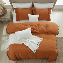 Ruffled Duvet Cover Set Pink Boho Bedding Set Pleated Ruffle Fringe Romantic Bedroom Decor Super Soft Breathable Comforter Cover Set - 鐵鏽紅色 - 查看 6