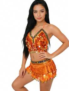 Belly Dance Costume Set Halter Neck Sequin Tassel Bra & Hip Scarf Performance Outfit - Multicolor - View 14