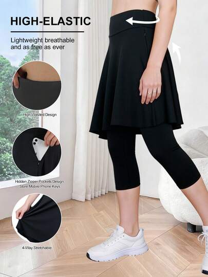 Women's Plus Size High Waist Zipper Pocket Skort Capri, Knee-Length Skirt With Shorts Black