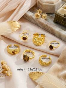 6pcs Niche Design Golden Sunflower & Tiger Eye Stone Ring Set, Unique Design Women's Ring Set, Suitable For Party, Vacation, Photo Shoot, Gift, And Daily Wear - Gold - View 4