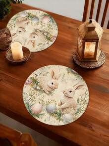 4pcs/6pcs Easter Bunny Pattern Round Placemats, Easter Egg Pattern Placemats, Seasonal Home Decor, Cute Style, Linen-Like Material, Easter Home Decor Indoor/Outdoor Party Supplies, Easter Themed Decoration, Room Decor. Suitable For Easter Home Kitchen Decor And Easter Event Party Decoration - Multicolor - View 2