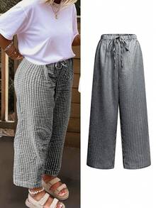 Women's Black Plaid Patchwork Wide Leg Pants | Bow Waist Design | Suitable For Valentine's Day, Race Day, Beach Vacation And Daily Wear, 2026 Spring/Summer Bohemian Style - Black - View 3
