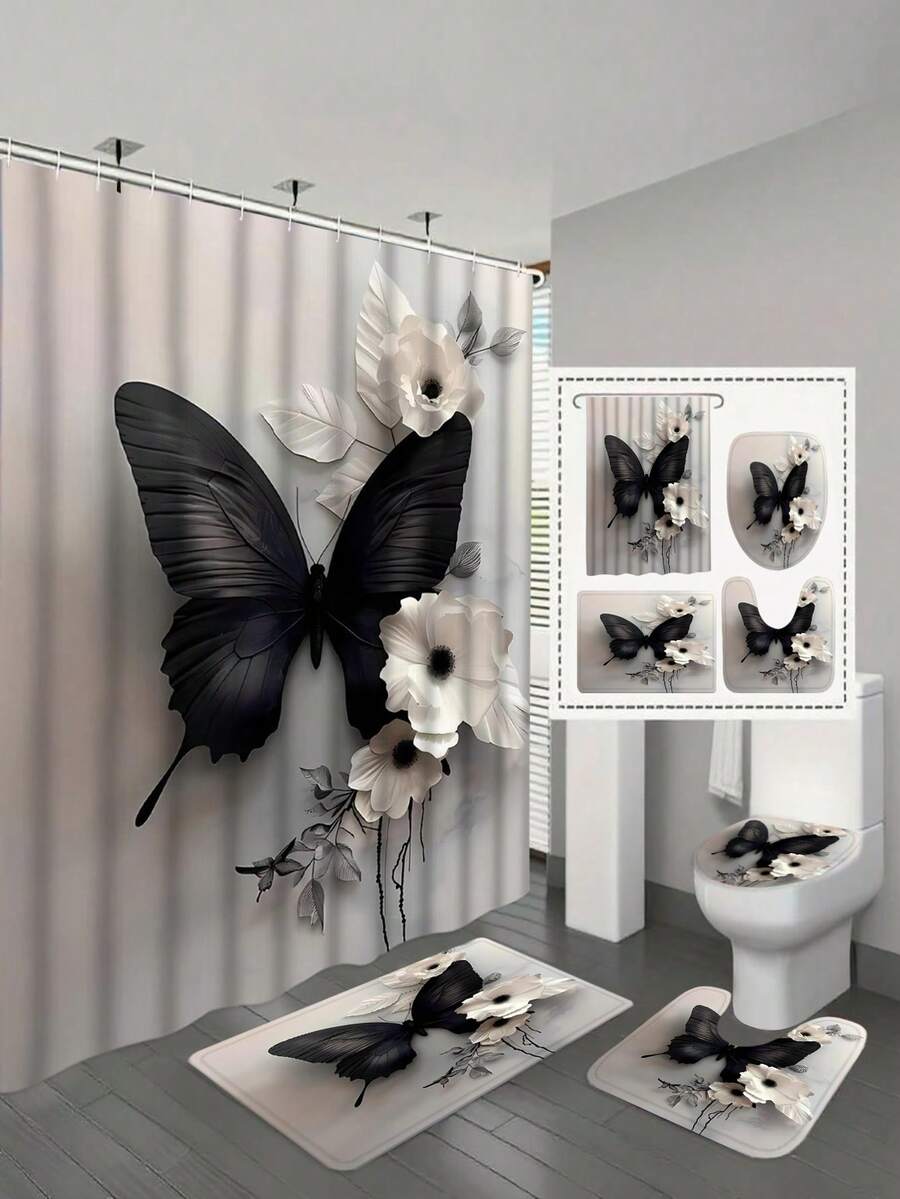 1/4pcs Polyester Shower Curtain - Black & White Floral And Butterfly Design, With Roses, Lilies, Sunflowers | Machine Washable | Elegant Bathroom Decor, Shower Privacy | Fashionable Design | Polyester Fiber, Shower Curtain Set