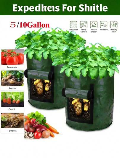 5/10加仑土豆种植袋，带透气侧孔，PE材质，可折叠收纳袋，节省空间，防撕裂、耐候，可重复使用多年。适用于阳台/庭院蔬菜、土豆、番茄、胡萝卜种植。