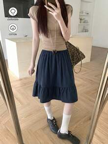 Japanese Style Casual Black A-Line Skirt With Pockets, Minimalist Design, Age-Reducing Skirt Spring - Navy Blue - View 3