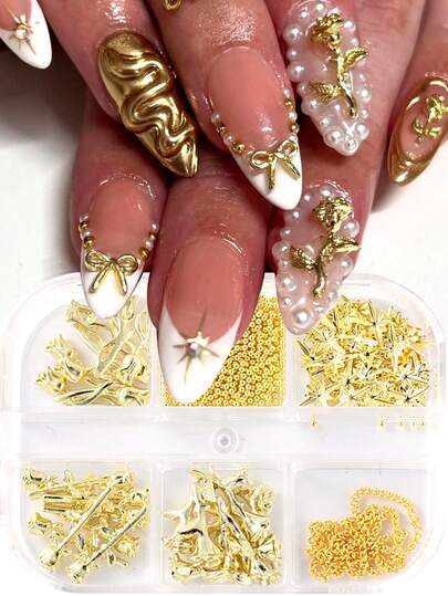 3D玫瑰美甲配件，迷你金色不锈钢鱼子酱珠美甲装饰，DIY美甲链珠吊坠，金属美甲DIY 3D配件，水钻装饰，美甲配件，美甲用品，美甲宝石。