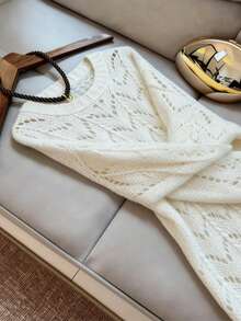 Suéter Branco Francês Vazado de Cor Sólida para Férias na Praia, Crochê Solto Vazado, Suéter Requintado de Alta Qualidade, Cobertura para Festa de Férias, Adequado para Uso Diário, Sobreposição, Férias na Praia, Festa na Piscina - Branco - Visão 3