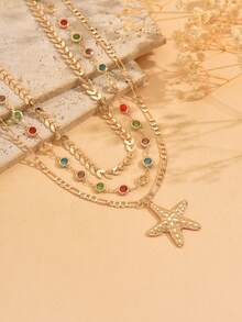 مجموعة من 3 قلادة معدنية بشكل نجمة البحر بطراز المحيط، سلسلة عظام السمك بسيطة، قلادة كريستال ملونة لامعة للنساء، مناسبة للارتداء اليومي، السفر إلى الشاطئ، المواعدة، التصوير الفوتوغرافي. يمكن تخصيص طول السلسلة اليدوية، وترتيب حبات الكريستال الملونة عشوائي. - الذهبي - مشاهدة 3